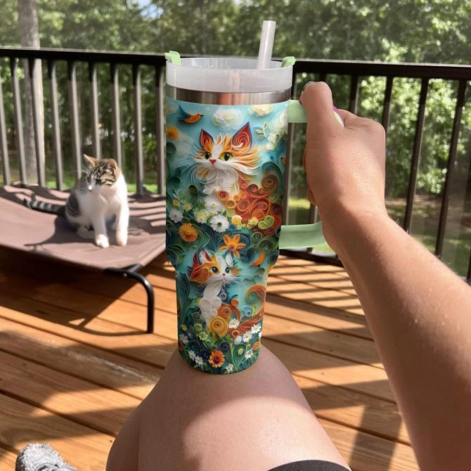 Whimsical Feathered Cat Custom Stanley Quencher 40Oz Stainless Steel Tumbler With Handle - Image 4