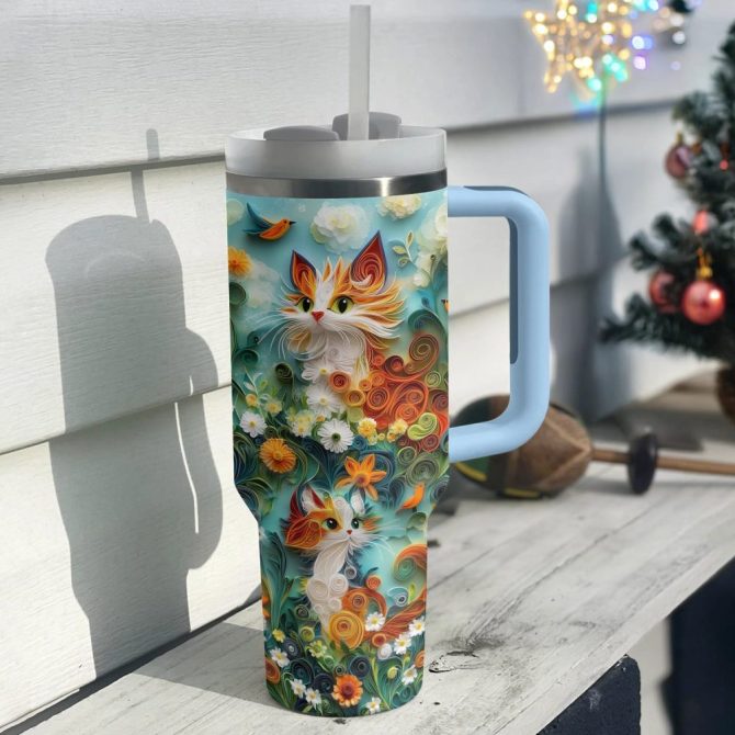 Whimsical Feathered Cat Custom Stanley Quencher 40Oz Stainless Steel Tumbler With Handle - Image 2