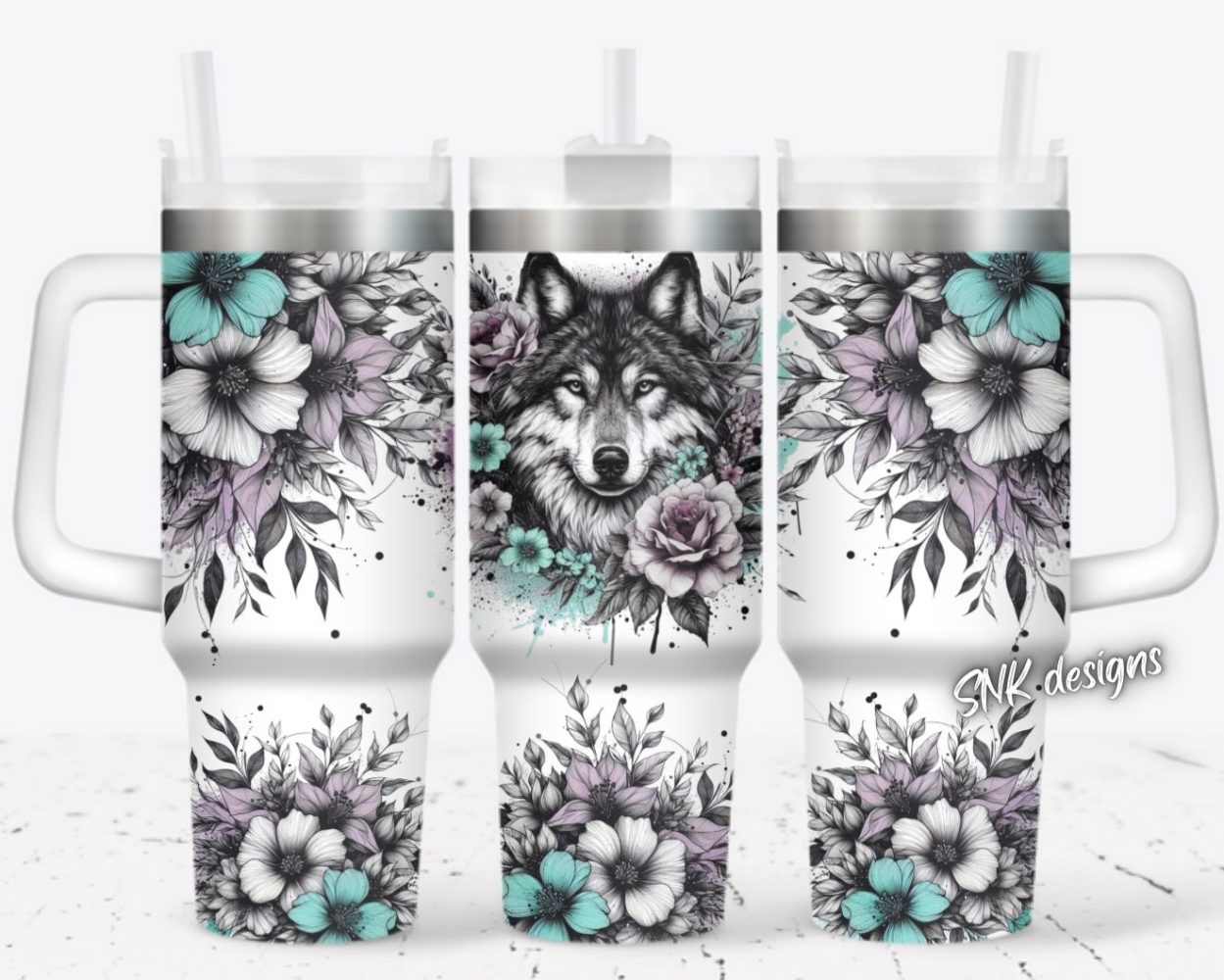 Wolf Flower Custom Stanley Quencher 40Oz Stainless Steel Tumbler With Handle