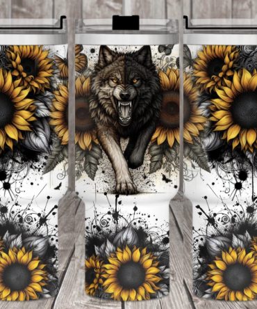 Wolf Sunflower Custom Stanley Quencher 40Oz Stainless Steel Tumbler With Handle