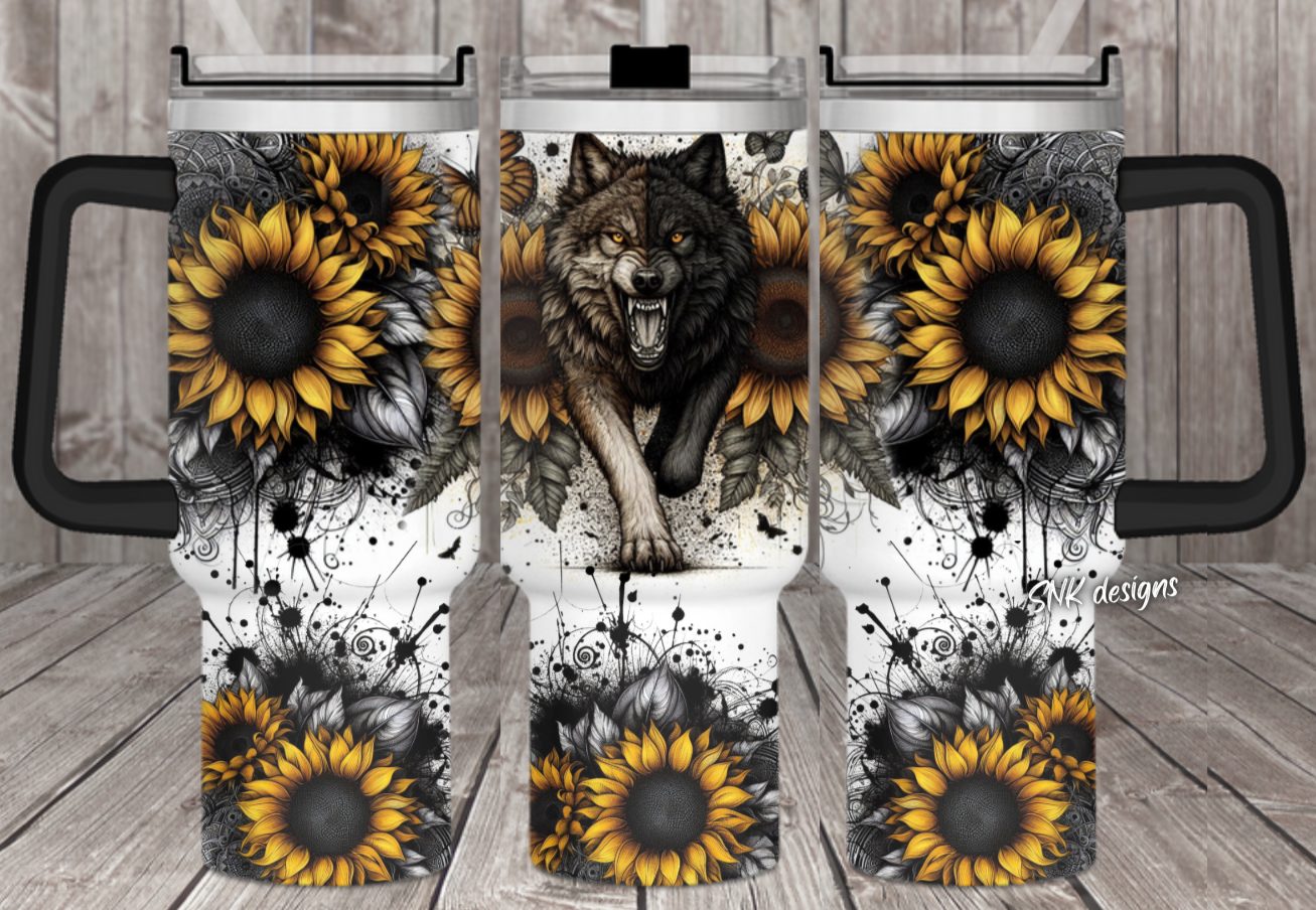 Wolf Sunflower Custom Stanley Quencher 40Oz Stainless Steel Tumbler With Handle