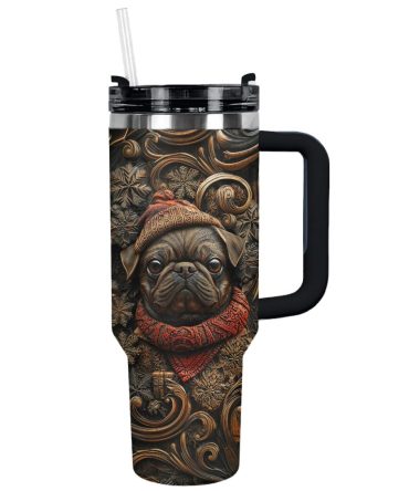 Wooden Christmas Pug Custom Stanley Quencher 40Oz Stainless Steel Tumbler With Handle