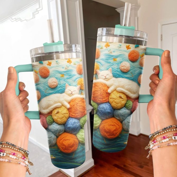 Wool Cat Custom Stanley Quencher 40Oz Stainless Steel Tumbler With Handle - Image 3