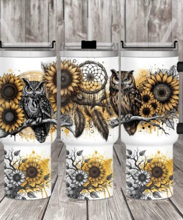 Yellow Owl Sunflower Custom Stanley Quencher 40Oz Stainless Steel Tumbler With Handle