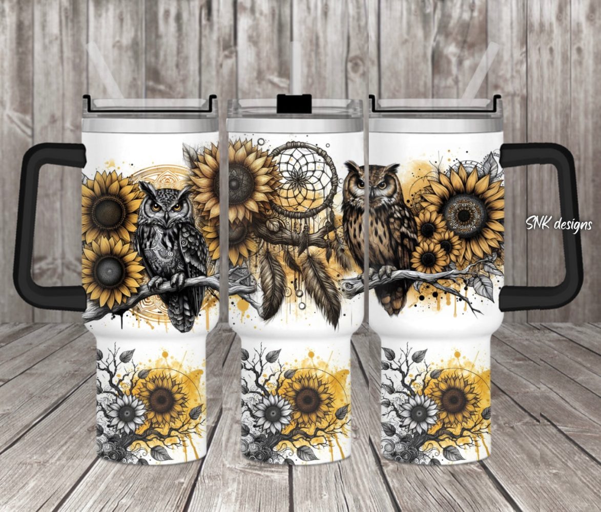 Yellow Owl Sunflower Custom Stanley Quencher 40Oz Stainless Steel Tumbler With Handle
