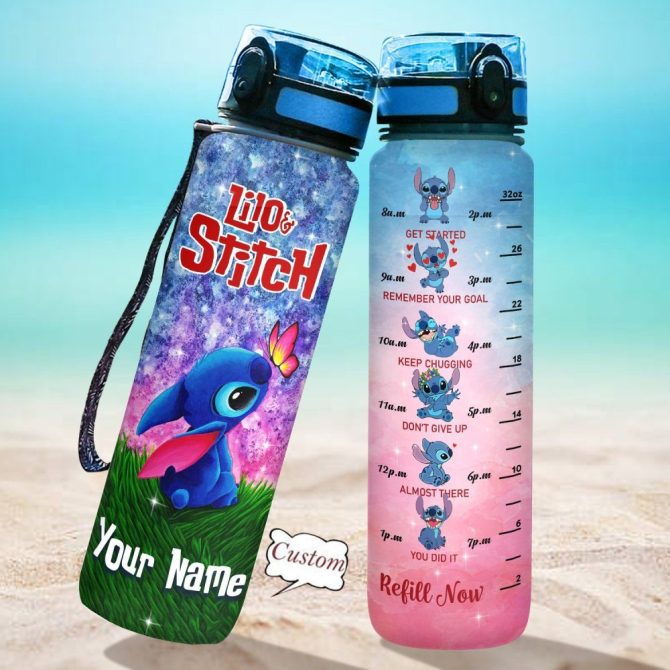 Custom Lilo & Stitch Water Bottle 32Oz - Personalized Name, Motivational Time Marker, Leak-Proof Bpa-Free Sports Flask