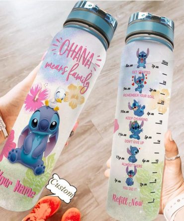 Custom Motivational Water Bottle 32Oz With Cute Cartoon Design , Personalized Hydration Tracker , Ohana Means Family , Ideal Gift For Kids & Adults