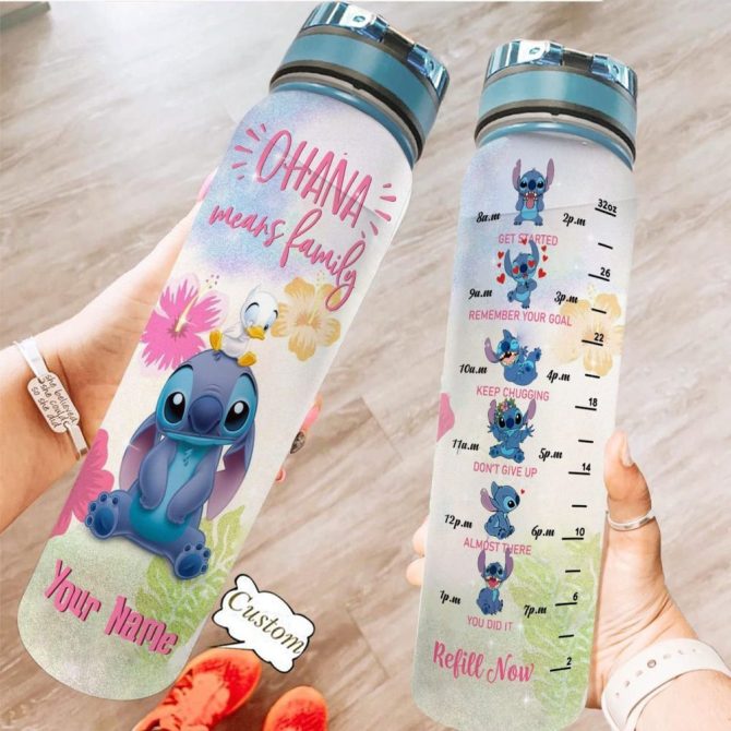 Custom Motivational Water Bottle 32Oz With Cute Cartoon Design , Personalized Hydration Tracker , Ohana Means Family , Ideal Gift For Kids & Adults