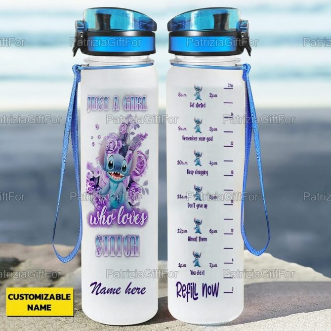 Just A Girl Who Loves Stitch - Personalized Stitch Water Tracker Bottle - Ohana Means Family Motivational Tracker - Custom Name Gift