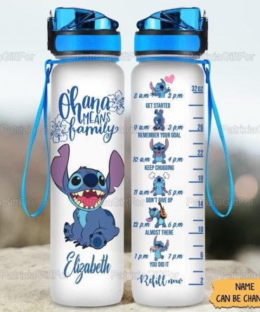 Personalized 32Oz Water Bottle - Stitch Motivational Design, Ohana Means Family, Custom Name, Hydration Tracker