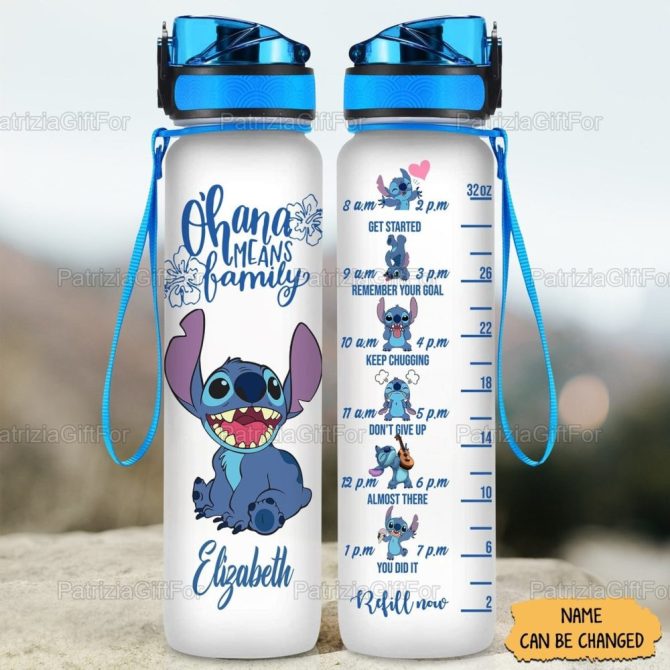 Personalized 32Oz Water Bottle - Stitch Motivational Design, Ohana Means Family, Custom Name, Hydration Tracker