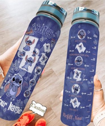 Custom Stitch Water Bottle 32Oz - Motivational Tracker - Personalized Leak-Proof For Fitness, Travel, Office - Cute Gift For Fans