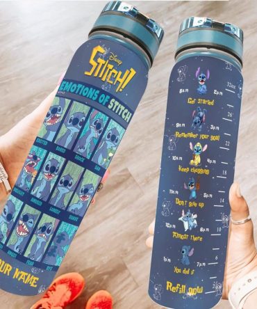Personalized Disney Stitch Motivational Water Bottle - Emotions Design, 32Oz, Hydration Tracker