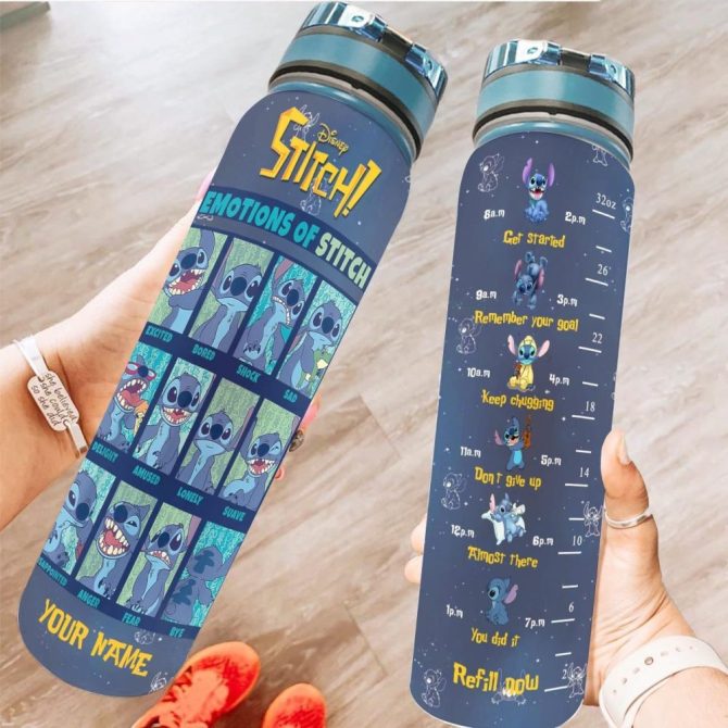 Personalized Disney Stitch Motivational Water Bottle - Emotions Design, 32Oz, Hydration Tracker