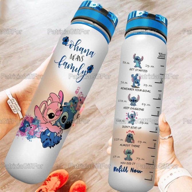 32Oz Stitch Water Bottle - Motivational Time Marker, Cute Design, Leakproof, Bpa-Free, Perfect For Fitness & Gifts