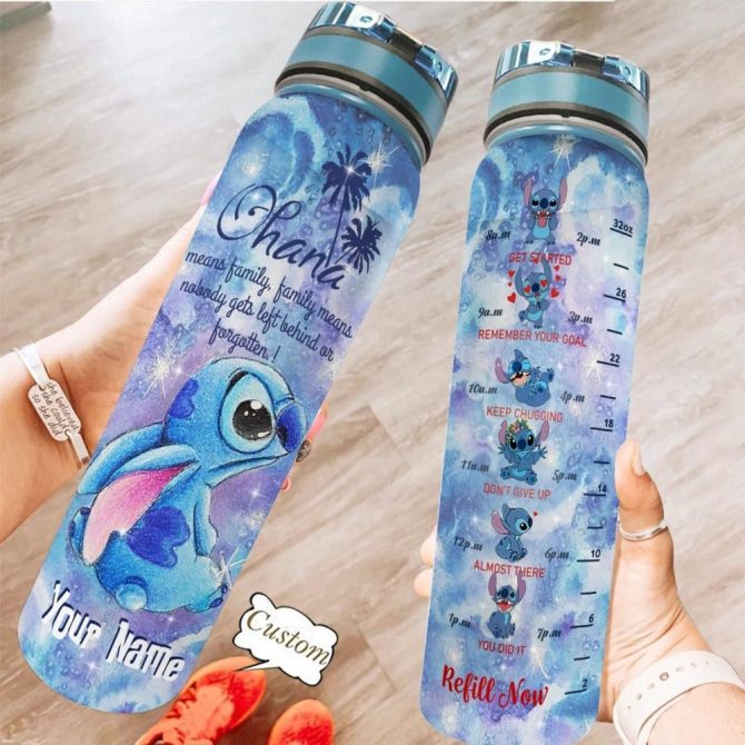 Custom Stitch Water Bottle 32Oz - Motivational Time Marker, Leakproof, Bpa-Free, Personalized Gift For Fitness & Family, Ohana Design