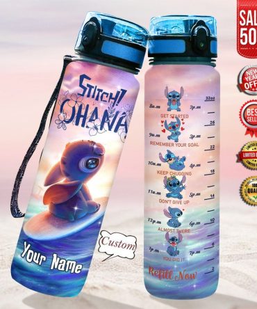 Custom Stitch Water Bottle - Motivational Time Marker, Bpa-Free, Personalized Name, Leak-Proof, 32Oz, Perfect Gift For Fans & Fitness Enthusiasts