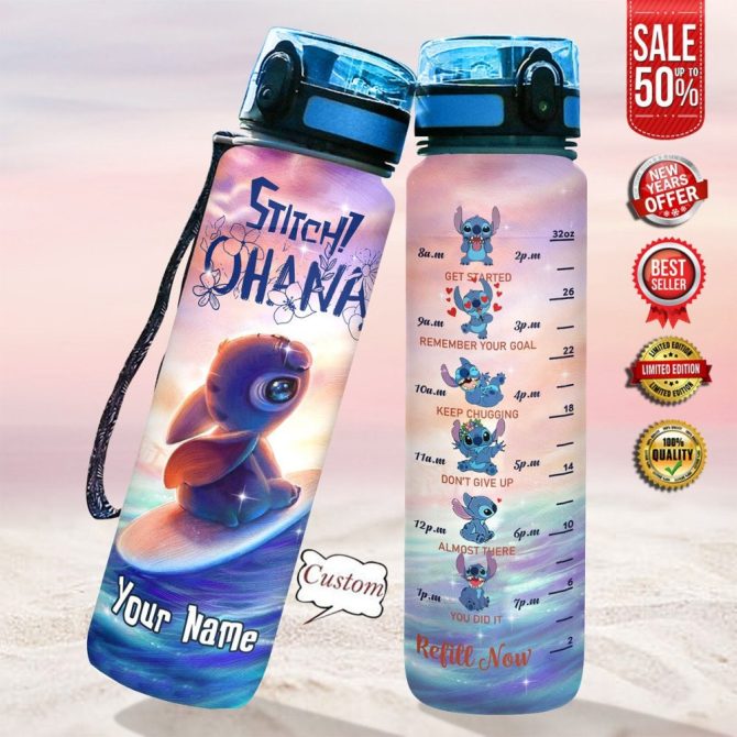 Custom Stitch Water Bottle - Motivational Time Marker, Bpa-Free, Personalized Name, Leak-Proof, 32Oz, Perfect Gift For Fans & Fitness Enthusiasts