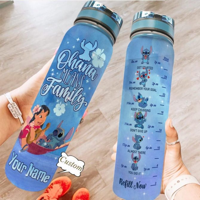 Custom Stitch Water Bottle - Ohana Means Family Design, 32Oz, Motivational Time Markers, Personalized Gift, Leakproof, Bpa-Free