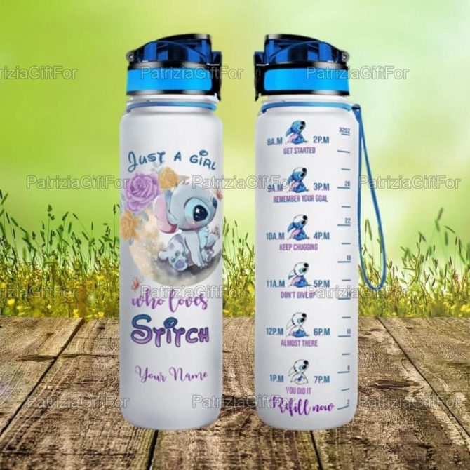 Just A Girl Who Loves Stitch - Personalized Stitch Water Tracker Bottle - Ohana Means Family Motivational Tracker - Custom Name Gift