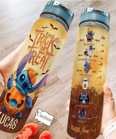 Trick Or Treat - Personalized Stitch Halloween Water Tracker Bottle - Ohana Means Family Motivational Tracker - Custom Name Gift