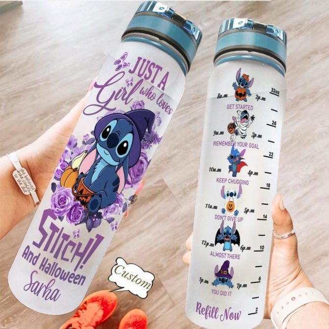 Custom Stitch & Halloween Water Bottle - Motivational Time Marker - Perfect Gift For Girls