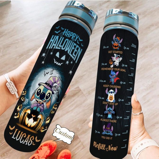Custom Halloween Water Bottle 32Oz - Motivational Time Marker, Cute Cartoon Design, Personalized Name, Leakproof, Bpa-Free