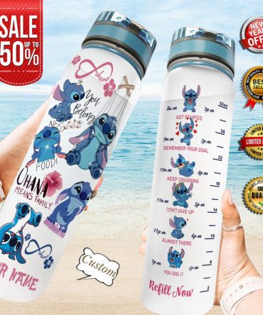 Custom Stitch Water Bottle 32Oz - Motivational Time Markers - Ohana Family Design - Stay Hydrated - Perfect Gift