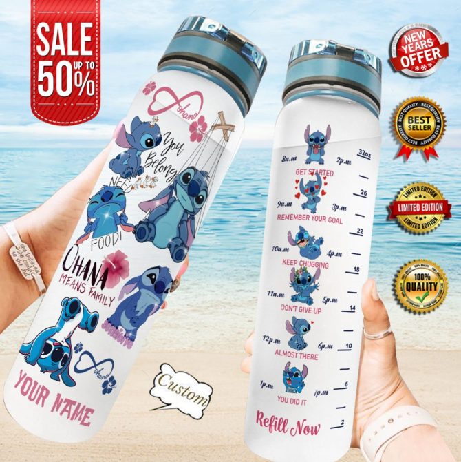 Custom Stitch Water Bottle 32Oz - Motivational Time Markers - Ohana Family Design - Stay Hydrated - Perfect Gift