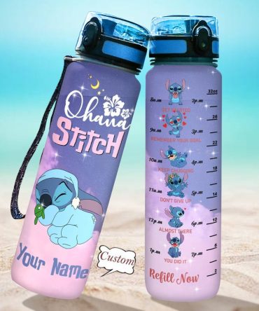 Custom Stitch Water Bottle - Motivational Time Marker, 32Oz, Personalized Name, Leakproof, Bpa-Free, Cute Design For Kids & Adults