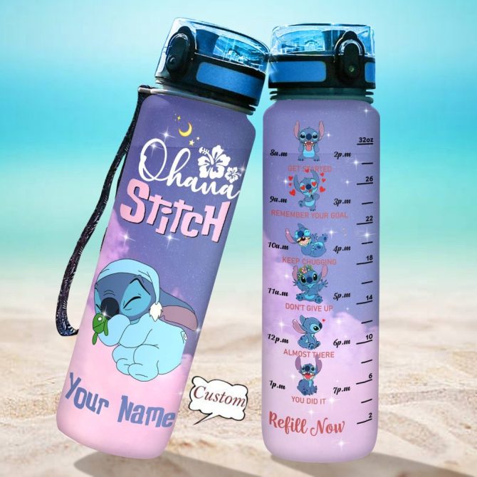 Custom Stitch Water Bottle - Motivational Time Marker, 32Oz, Personalized Name, Leakproof, Bpa-Free, Cute Design For Kids & Adults