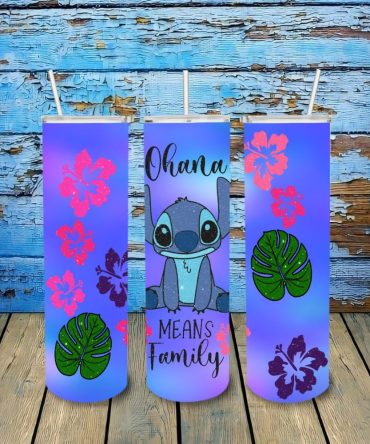 Blue Ohana Family Tumbler With Straw - Cute Floral Design - Insulated Stainless Steel Cup - 20Oz Travel Mug