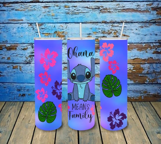 Blue Ohana Family Tumbler With Straw - Cute Floral Design - Insulated Stainless Steel Cup - 20Oz Travel Mug