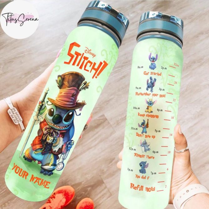 Disney Stitch Water Bottle 32Oz - Personalized Hydration Tracker, Leakproof, Bpa-Free, Motivational Design, Custom Name Option