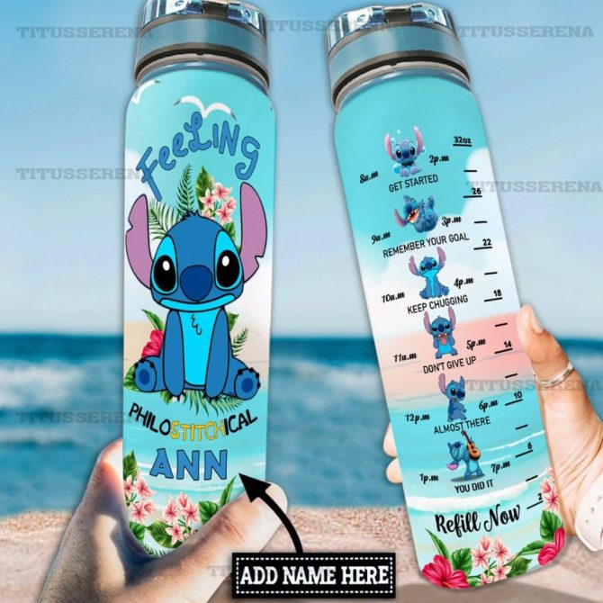 Personalized Stitch Water Bottle With Time Marker – Custom Name Hydration Tracker – Cute Floral Design 32Oz