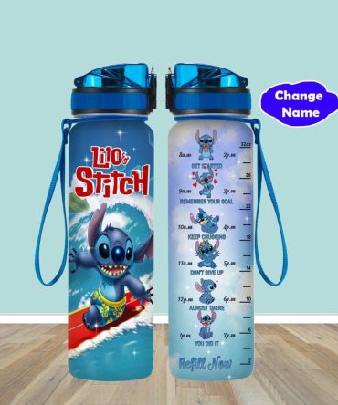 Lilo & Stitch Motivational Water Bottle With Time Marker, 32Oz Leakproof, Customizable Name, Bpa-Free, Blue Lid & Strap