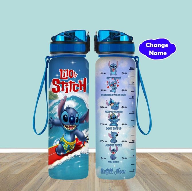 Lilo & Stitch Motivational Water Bottle With Time Marker, 32Oz Leakproof, Customizable Name, Bpa-Free, Blue Lid & Strap