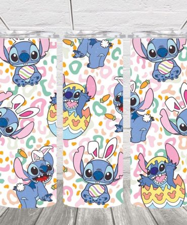 Easter Bunny Stitch Cartoon Skinny Tumbler - 20Oz Stainless Steel, Double-Wall Insulated, Cute Blue Character, Straw Included