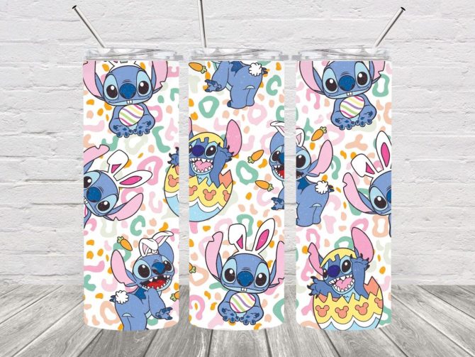 Easter Bunny Stitch Cartoon Skinny Tumbler - 20Oz Stainless Steel, Double-Wall Insulated, Cute Blue Character, Straw Included
