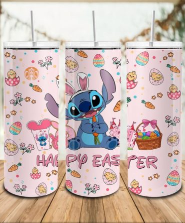 Easter Bunny Stitch Cartoon Skinny Tumbler - 20Oz Stainless Steel, Double-Wall Insulated, Cute Blue Character, Straw Included
