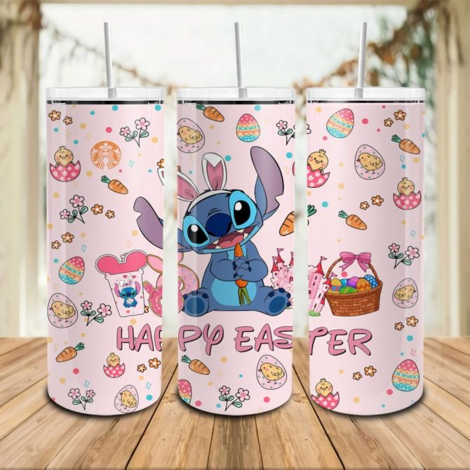 Easter Bunny Stitch Cartoon Skinny Tumbler - 20Oz Stainless Steel, Double-Wall Insulated, Cute Blue Character, Straw Included
