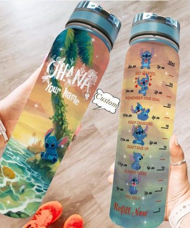 Custom Stitch Water Bottle 32Oz - Personalized Tropical Design, Motivational Time Markers - Perfect For Hydration & Gifts