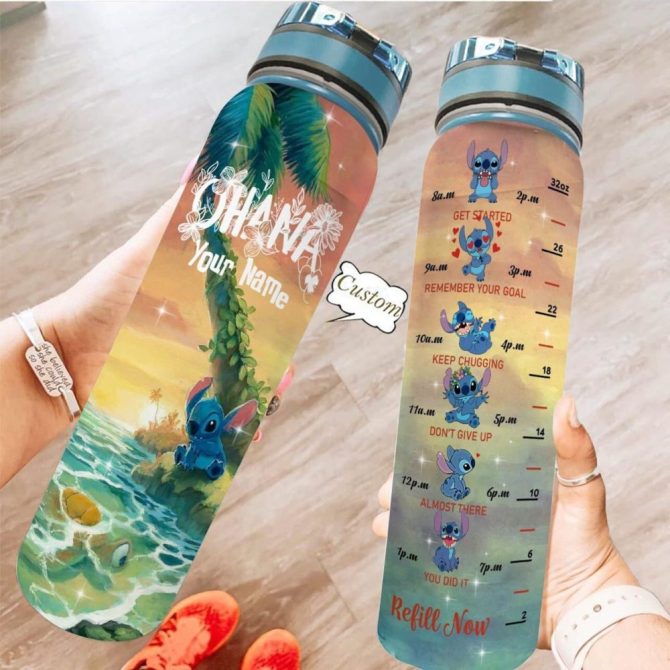 Custom Stitch Water Bottle 32Oz - Personalized Tropical Design, Motivational Time Markers - Perfect For Hydration & Gifts