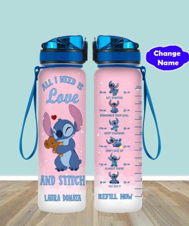 Personalized Stitch Water Bottle - Motivational Hydration Tracker, Custom Name, Cute Pink Design, 32Oz Leakproof Sports Bottle