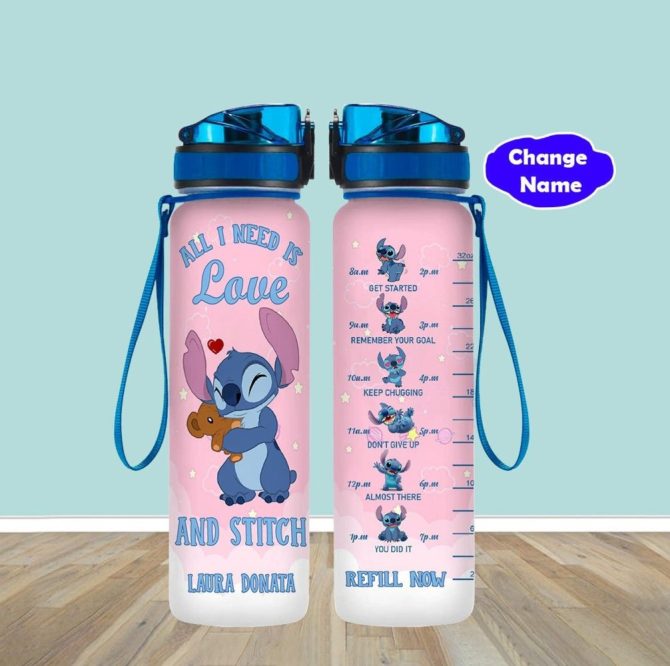 Personalized Stitch Water Bottle - Motivational Hydration Tracker, Custom Name, Cute Pink Design, 32Oz Leakproof Sports Bottle