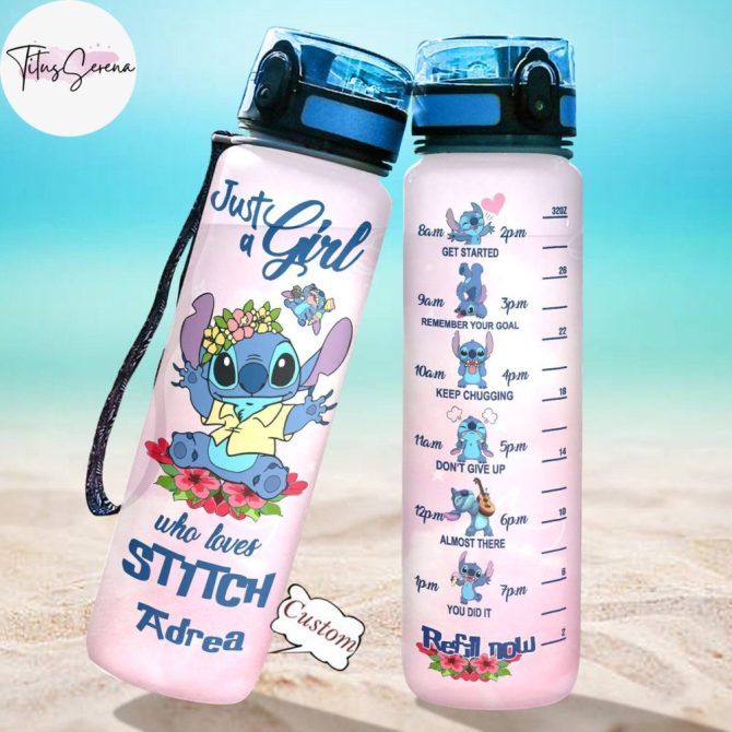Custom Stitch Water Bottle For Girls - Motivational 32Oz Hydration Tracker - Cute Floral Design