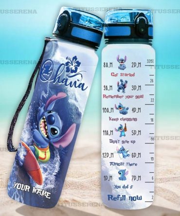 Personalized Stitch Water Bottle - Motivational Time Marker, Leakproof, 32Oz - Custom Name, Stay Hydrated, Bpa-Free, Cute Design