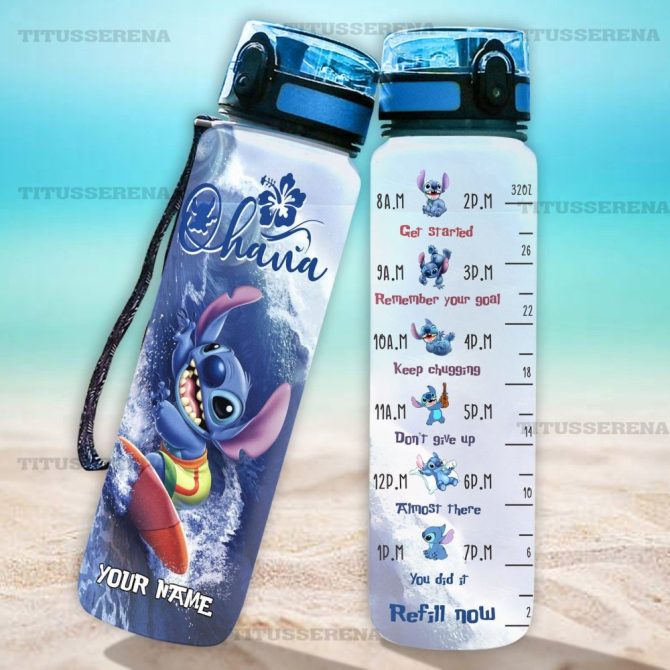 Personalized Stitch Water Bottle - Motivational Time Marker, Leakproof, 32Oz - Custom Name, Stay Hydrated, Bpa-Free, Cute Design