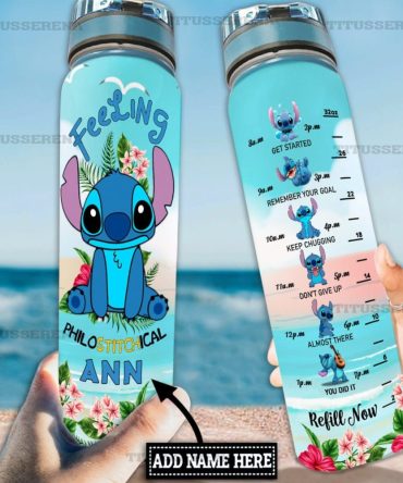 Personalized 32Oz Water Bottle With Cute Blue Character, Motivational Time Markers, Custom Name Gift For Hydration Goals