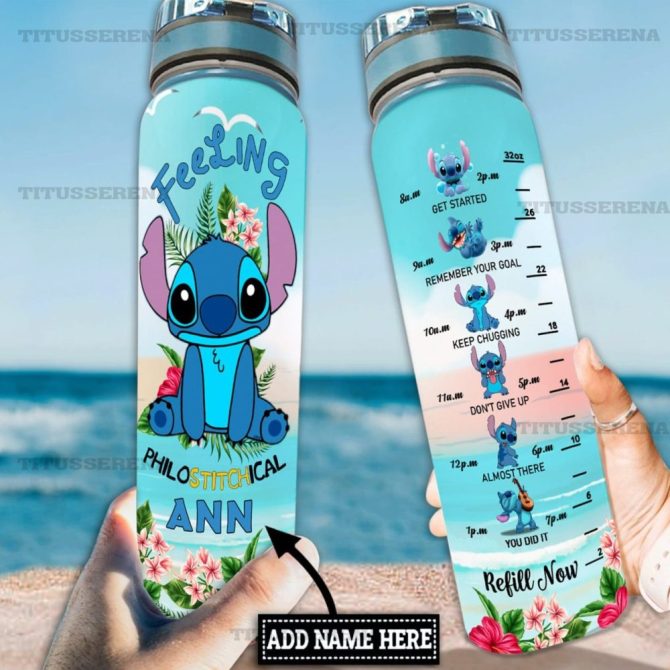 Personalized 32Oz Water Bottle With Cute Blue Character, Motivational Time Markers, Custom Name Gift For Hydration Goals